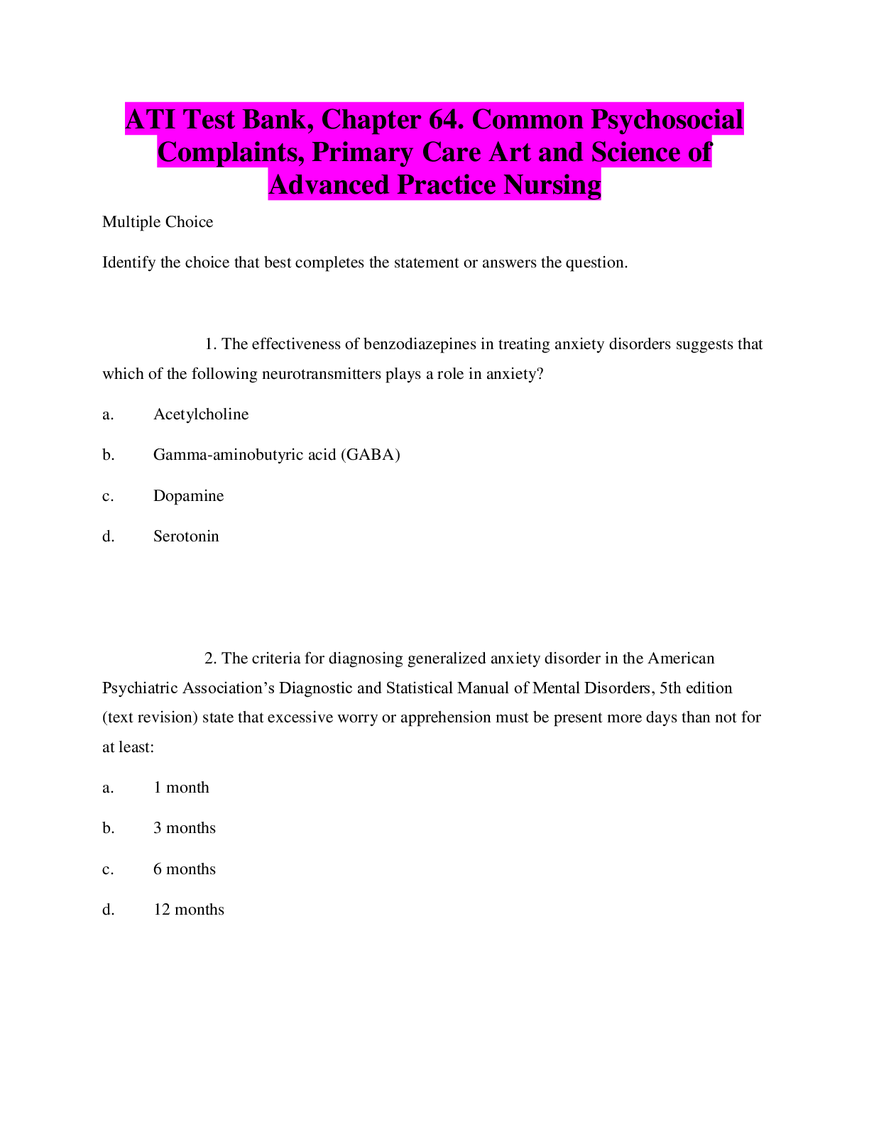 Preview image for ATI Test Bank, Chapter 64. Common Psychosocial Complaints, Primary Care Art and Science of Advanced Practice Nursing